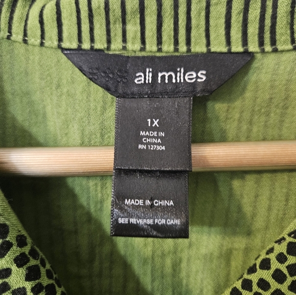 Ali Miles Green Striped Rayon 3/4 Sleeve Art To Wear Button Up - Picture 3 of 6